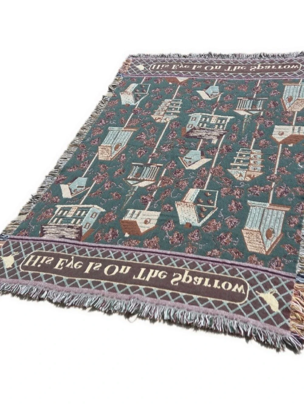 Vintage Christian Throw Blanket His Eye Is On The Sparrow Birdhouse Tapestry 90s